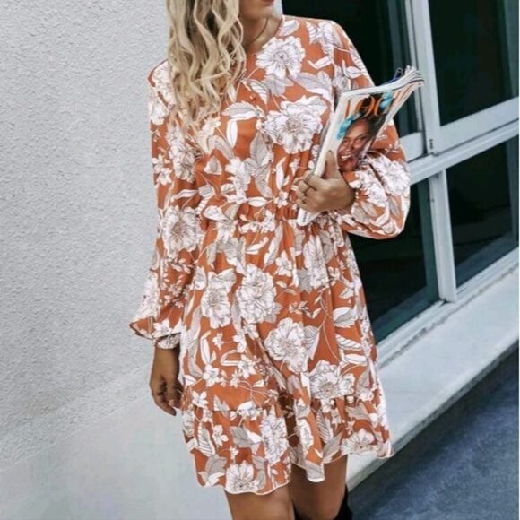 CORAL PINK A LINE FLORAL PATTERN DRESS - Picture 4 of 8